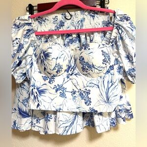 New The Boutique Floral V-Neck Balloon Sleeve Crop Top & Ruffled Skirt Set-Blue